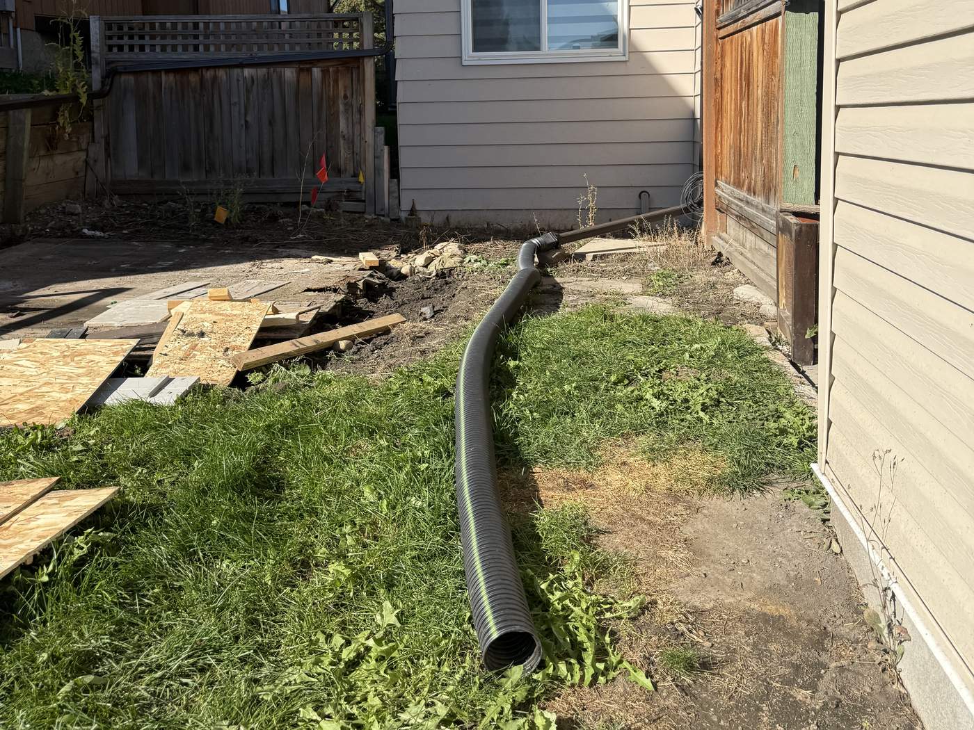 A black corrugated downspout extension lying across the lawn at the back corner of the house