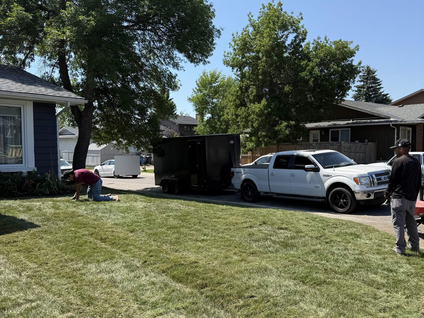 The same front yard in new sod a few hours later, the crew finishing up by the driveway