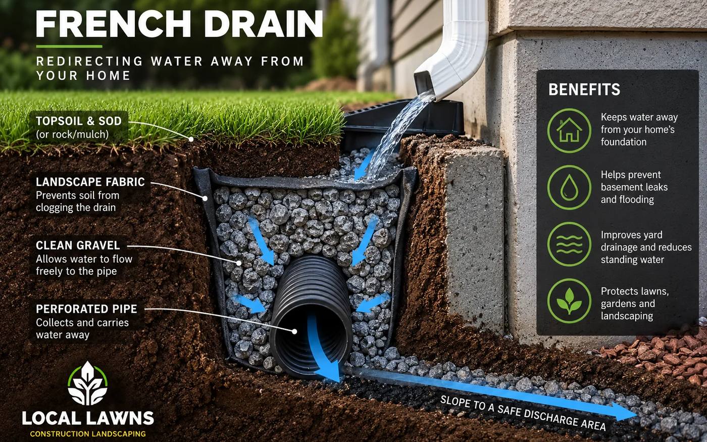 Cutaway diagram of a French drain beside a house: sod and topsoil over a fabric-lined trench of clean drainage rock around a perforated pipe, with arrows showing water collecting and sloping away to a safe discharge area
